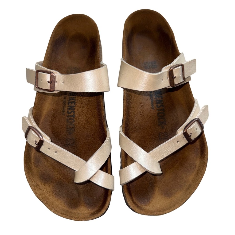 Birkenstock Mayari Pearly Cream Birko-Flor Toe Loop Sandals Womens 38 Regular